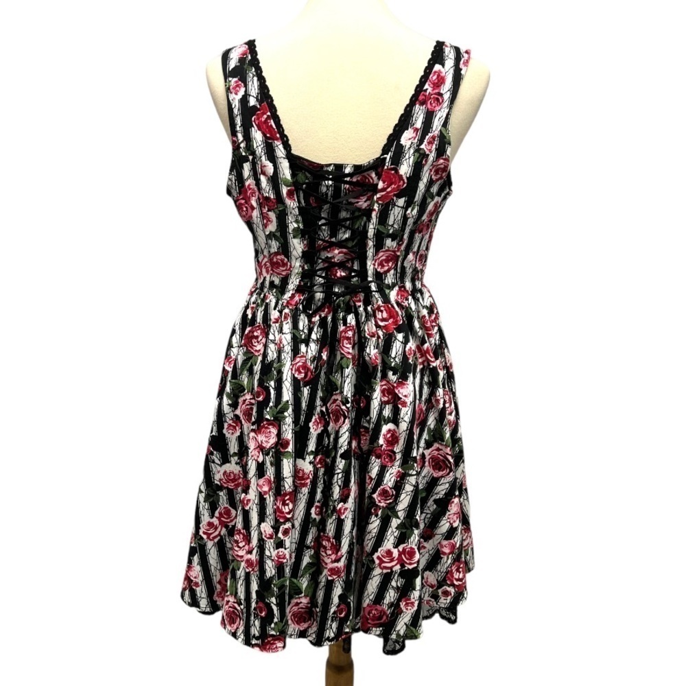 Hot Topic Corset Striped Rose Print Lace Pin Up Rockabilly Dress Womens Medium - Picture 10 of 16